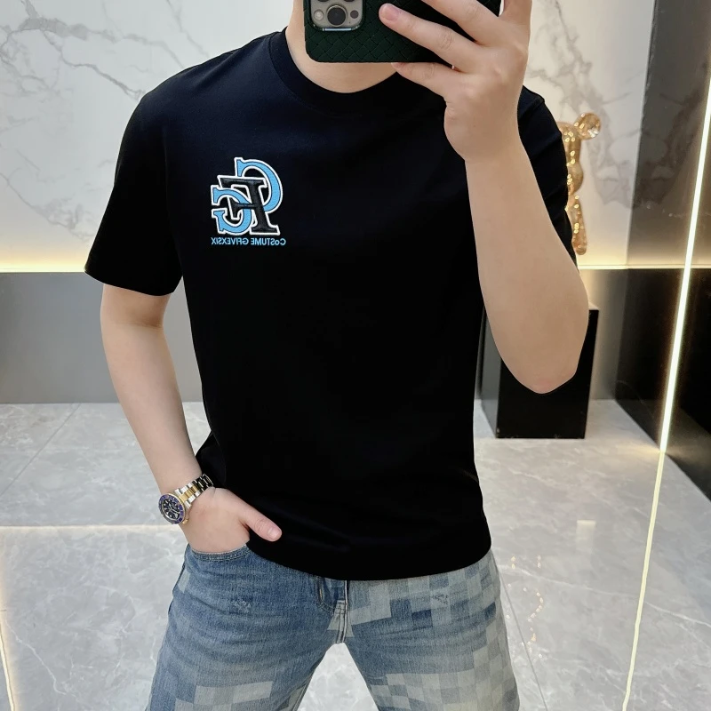 冰希精品.欧意名品男士圆领T恤潮流时尚帅气刺绣短袖2025夏季新款