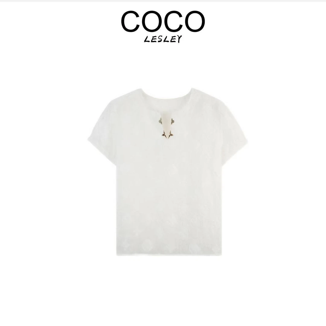 【COCO LESLEY】老钱风轻奢高级感微透镂空半开领短袖上衣XZ-8241