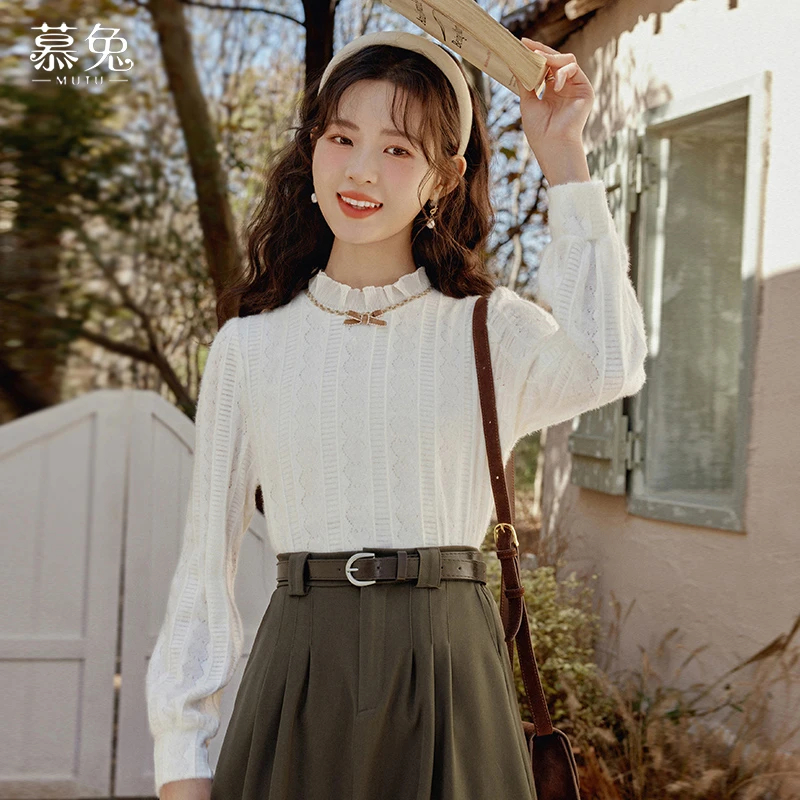 慕兔半高领蝴蝶结蕾丝衫上衣女2024秋季新款法式小香风内搭打底衫