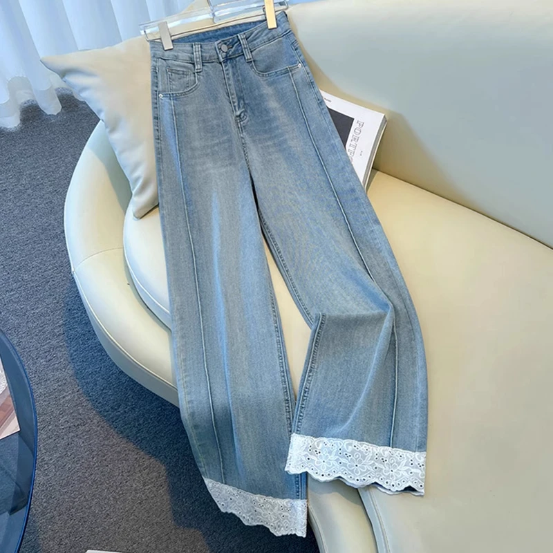 拉夏贝尔九分阔腿裤牛仔裤2025年新款蕾丝拼接高腰时尚流行直筒裤