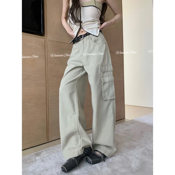 099-NO退NO换【燕麦可可】卡其超棒复古工装大口袋直筒牛仔裤