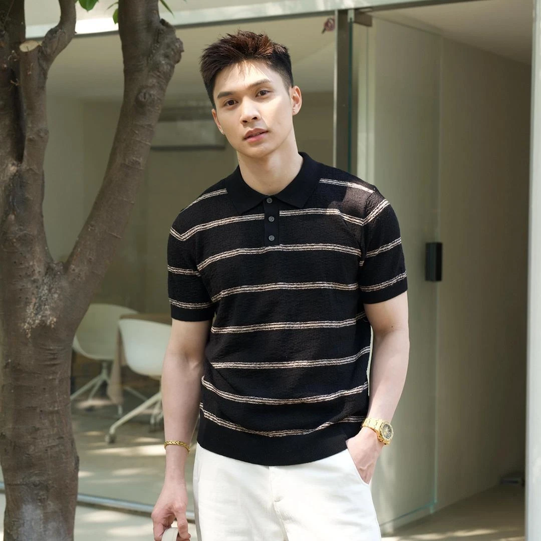 经典条纹褶皱肌理感休闲短袖polo衫2025夏季新款高级感半袖上衣