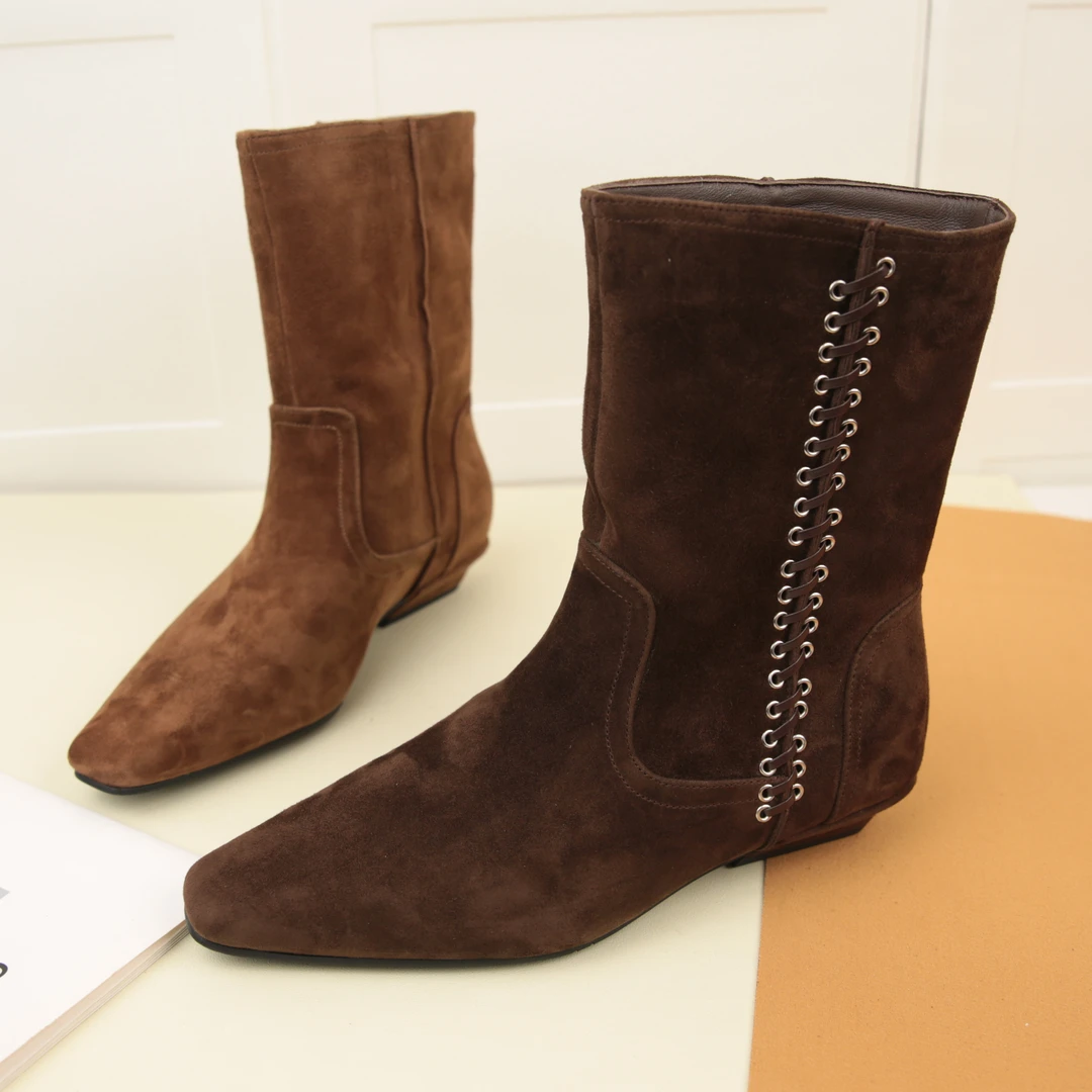 4012冬季新款复古真皮低跟方头加绒保暖短靴女套筒粗跟切尔西棉靴