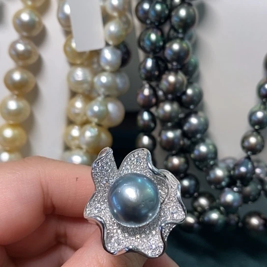 海水珍珠戒指银S925镶嵌橙**绿13