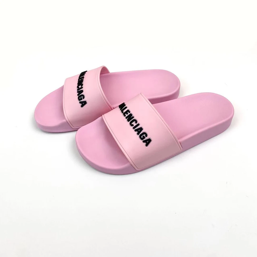 95新 Balenciaga/巴黎世家  AA3311 粉色logo拖鞋 37码 鞋盒