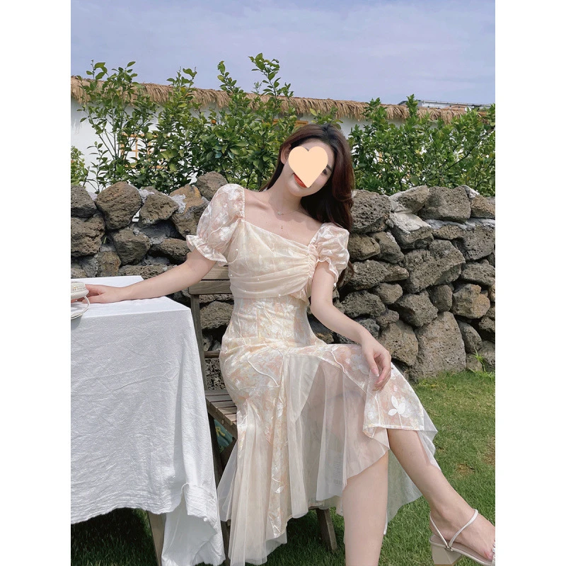 2025夏季新款雪纺碎花刺绣方领气质拼接不规则收腰显瘦字裙