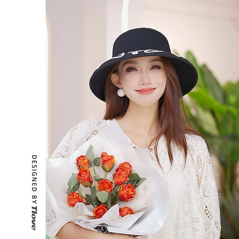 9629时尚百搭大檐羊毛毡礼帽女士走秀秋冬季新款黑色度假渔夫帽子