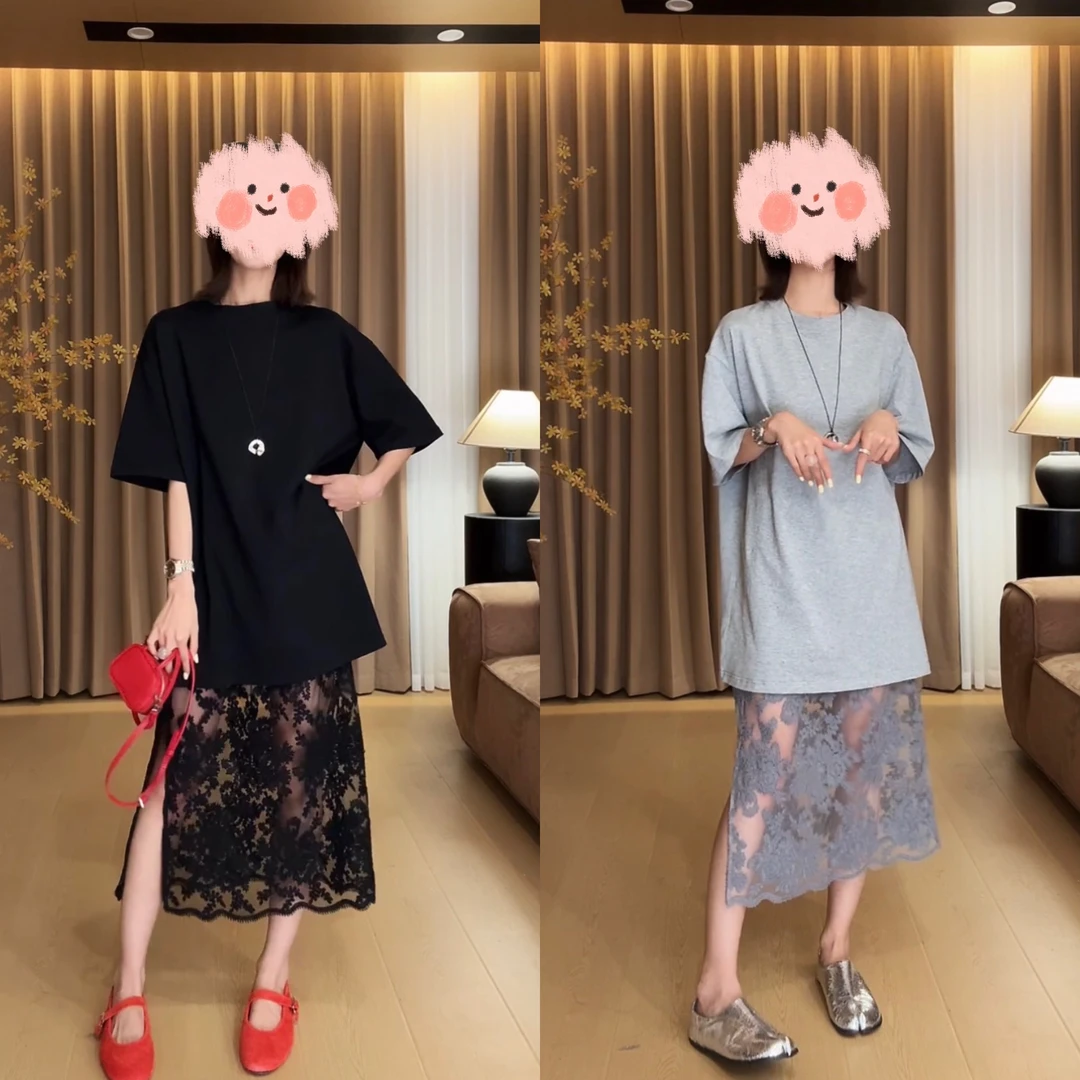 新款宽松百搭短袖T恤松紧腰蕾丝花边半身裙两件套