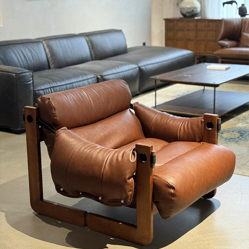 单人沙发椅泽西岛椅客厅中古风皮沙发椅子休闲懒人椅实木复古躺椅