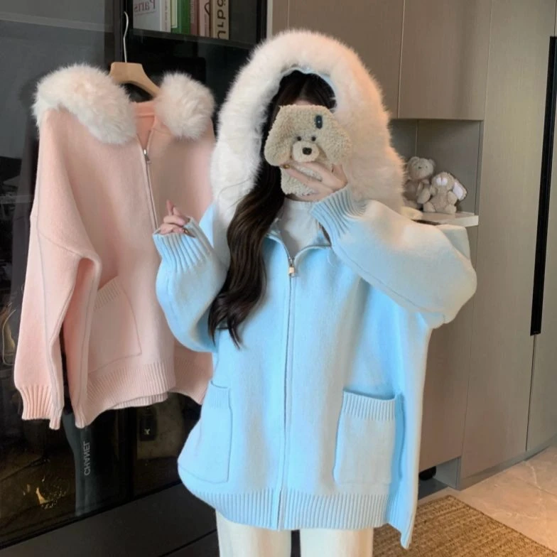 包包专属大码秋季新款胖mm时尚毛领连帽开衫针织上衣外套1279