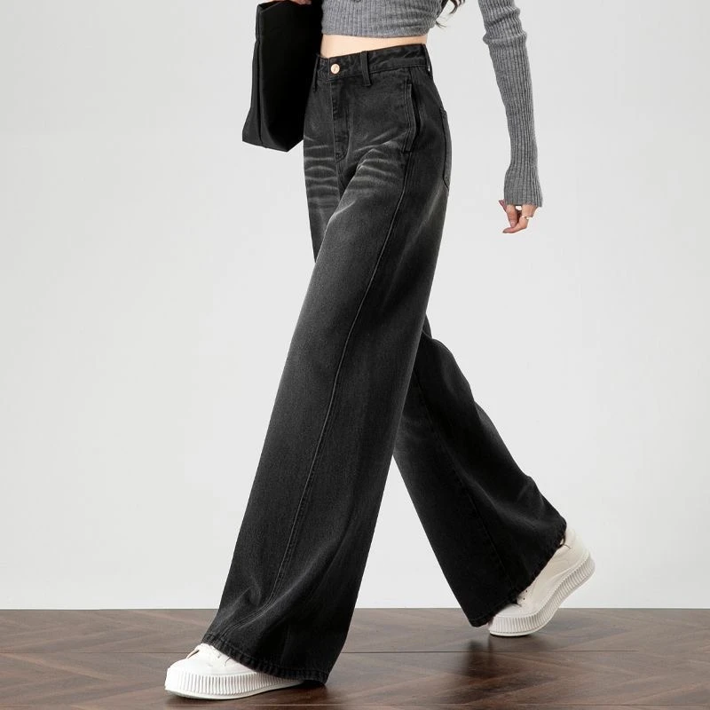 黑色加绒裤子2025新今年流行爆款秋冬牛仔裤女大码宽松高腰阔腿裤