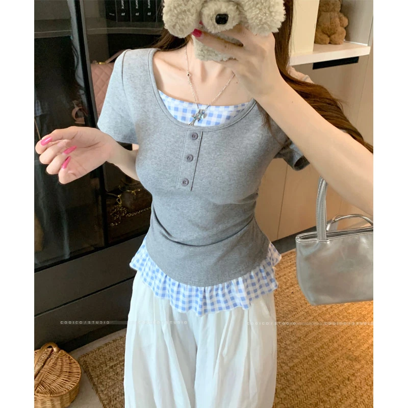【优芭拉】2025夏季灰色拼接短袖修身T恤女假两件上衣短款辣妹小衫
