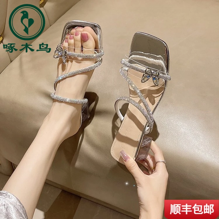 啄木鸟水钻粗跟拖鞋女夏夏季2025新款法式仙女风蝴蝶结气质水晶鞋