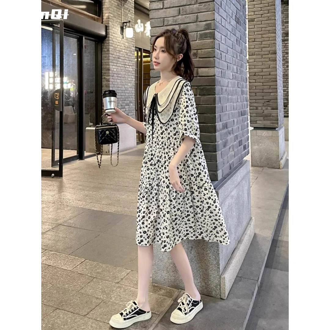 淳启大码女装法式碎花连衣裙女夏季胖mm遮肉宽松娃娃领雪纺A字裙