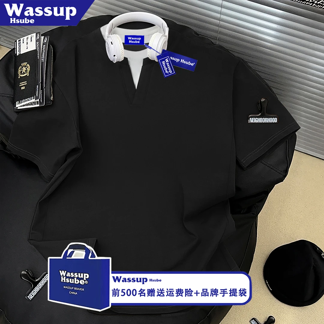 WASSUP HSUBE纯棉oversize假两件短袖T恤男女夏季简约ins拼接上衣