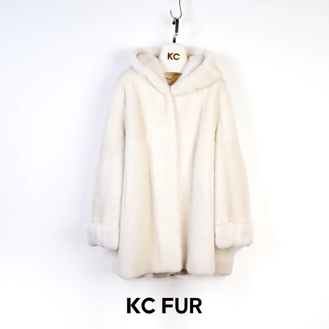 KC【雪域秘境】珍珠色中长款女连帽南瓜袖水貂挽袖全抽刀80cm-2856A