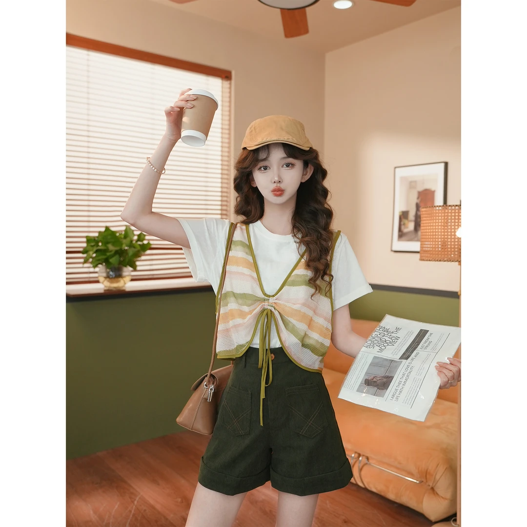 余紫绮【落日海峡】复古条纹假两件上衣夏季显瘦T恤ZK0726002