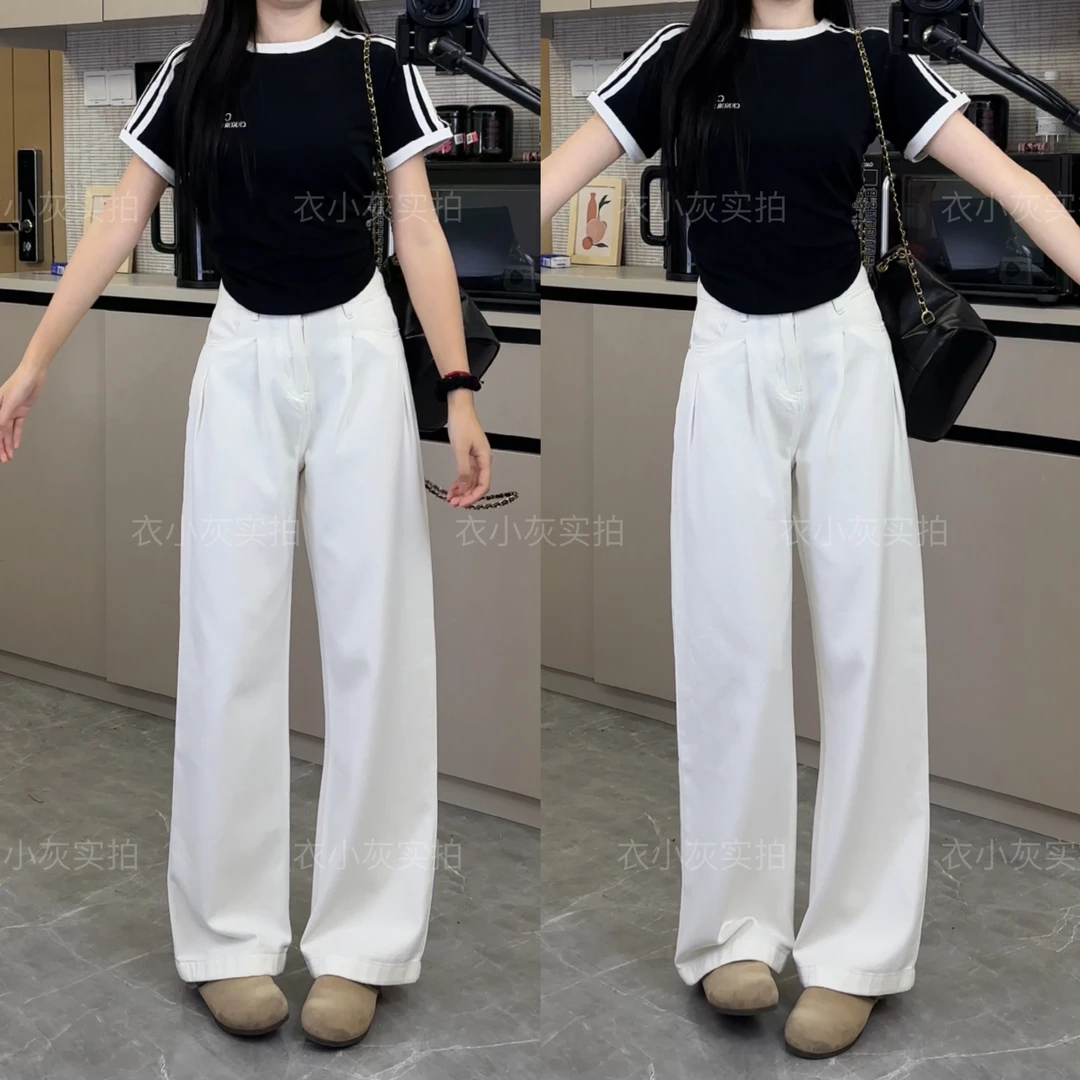 【送腰带+运费险】白色阔腿牛仔裤女2025夏季新款宽松显瘦直筒裤子