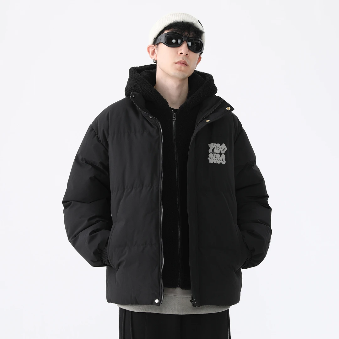 扭曲字母logo印花假两件撞色拼接保暖加绒连帽棉服FDCCAW5126