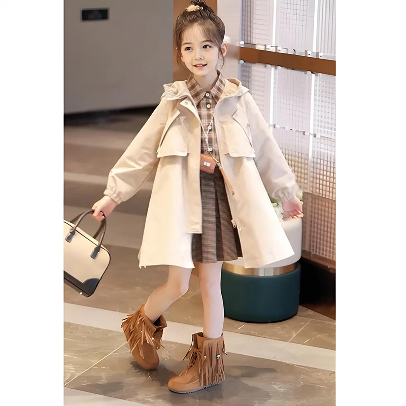 女童风衣中长款2025新款儿童洋气连帽英伦风秋季小女孩休闲外套潮