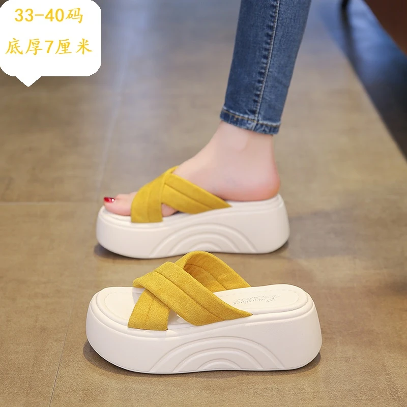 33-40码7CM厚底拖鞋女外出高颜值时尚百搭松糕跟休闲一字拖2025款