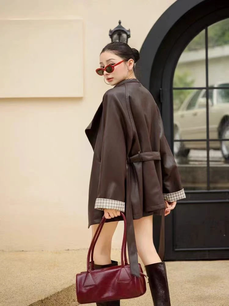 拼接皮衣中长款网红黑色秋冬外套秋季新款慵懒复古休闲宽松条纹