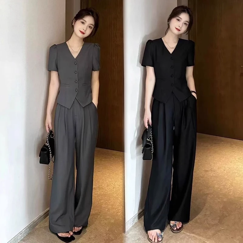 时尚西装套装女2025夏季新款时髦设计感V领上衣显瘦阔腿裤两件套