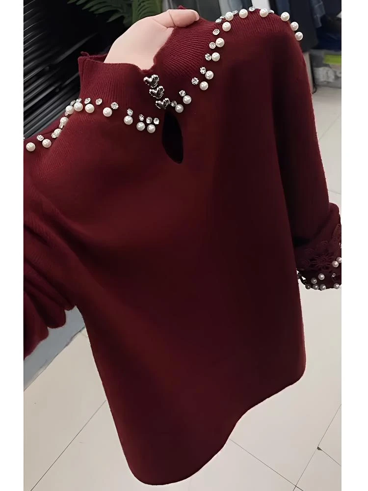 洋气重工钉珠半高领针织衫女秋冬气质设计感修身内搭长袖打底上衣