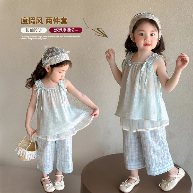 女童韩系套装夏装2025新款女宝宝夏季小清新吊带上衣格子裤两件套