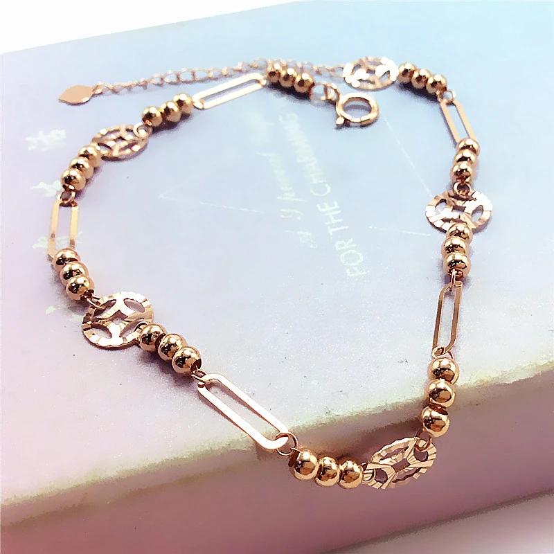 福福金楼585紫金钱币珠珠卡链手链时尚百搭14K玫瑰金气质手链