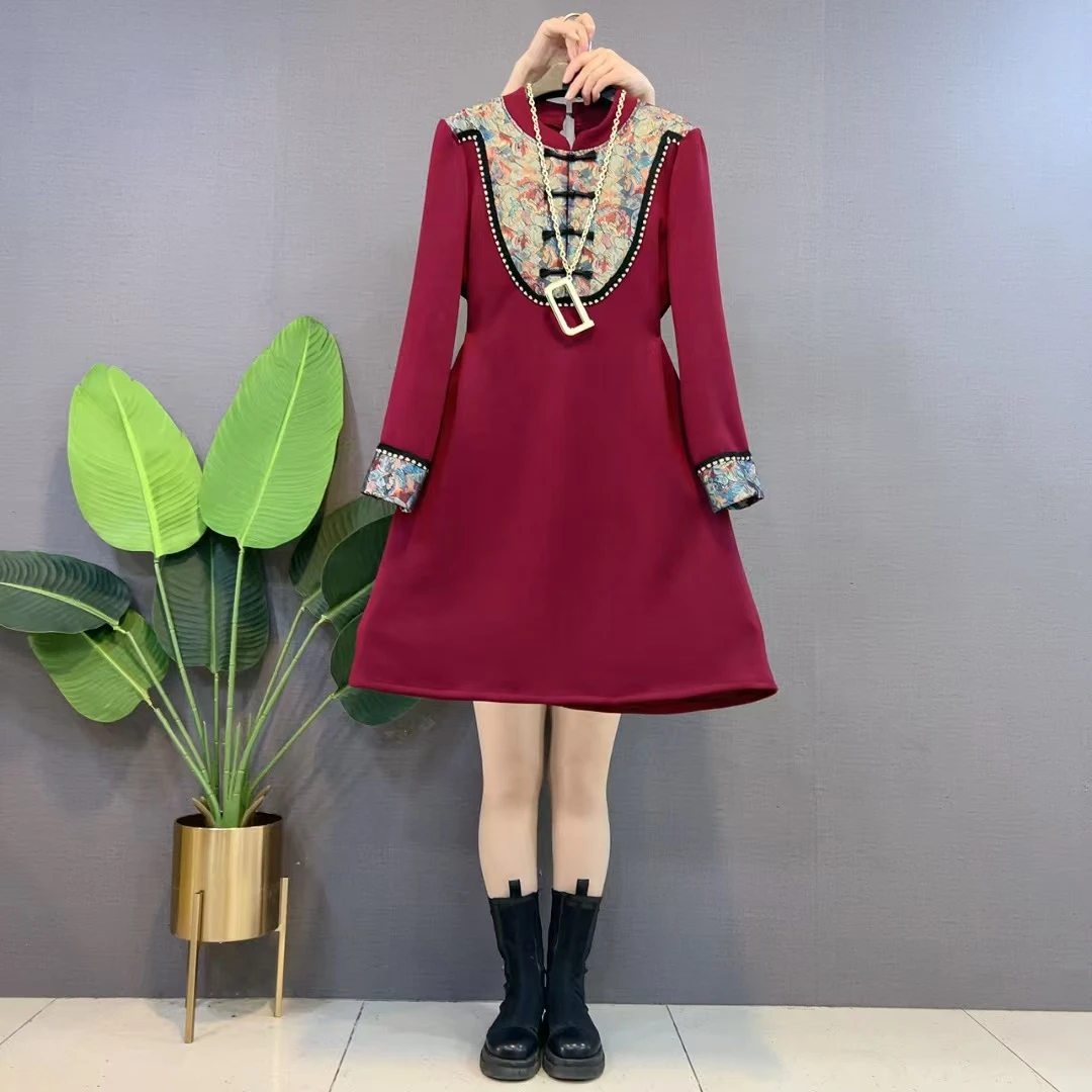 胖妹妹显瘦拼接撞色长袖时尚复古风改良旗袍裙加肥大码女装连衣裙