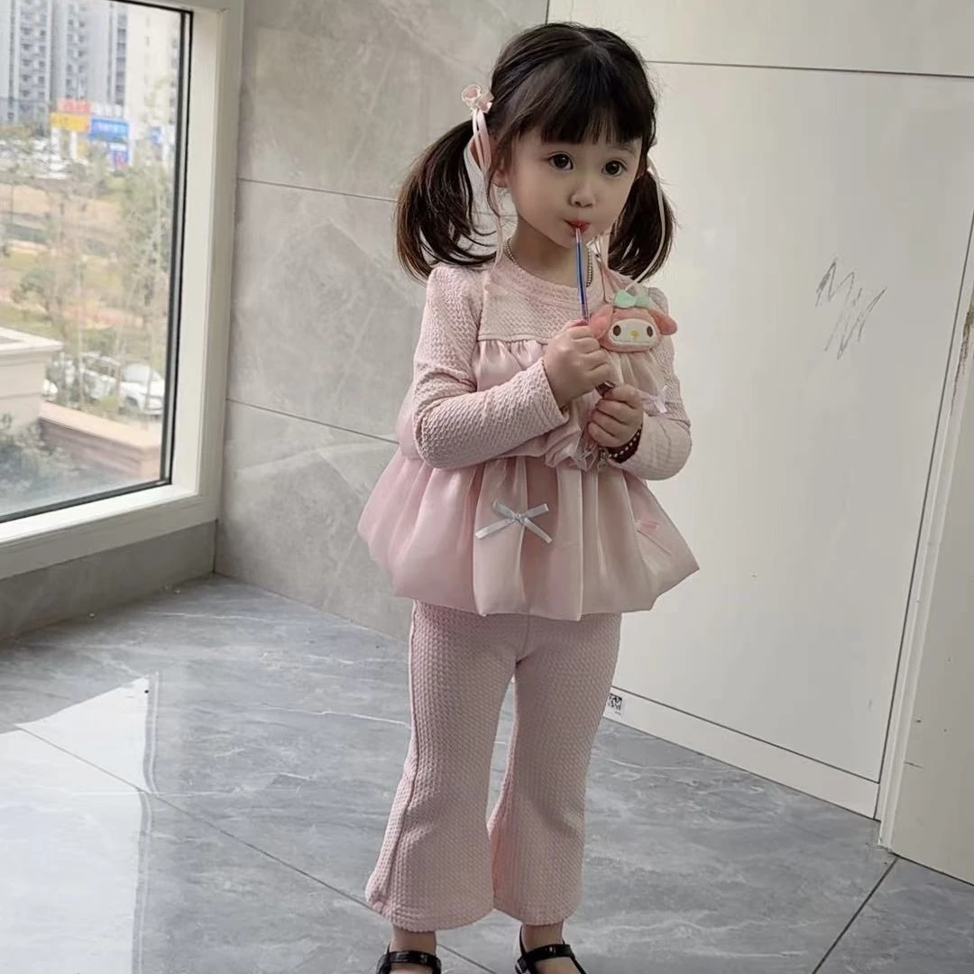 常规女童女蝴蝶结民族风春秋套装秋款粉色蕾丝打底洋气韩版儿童