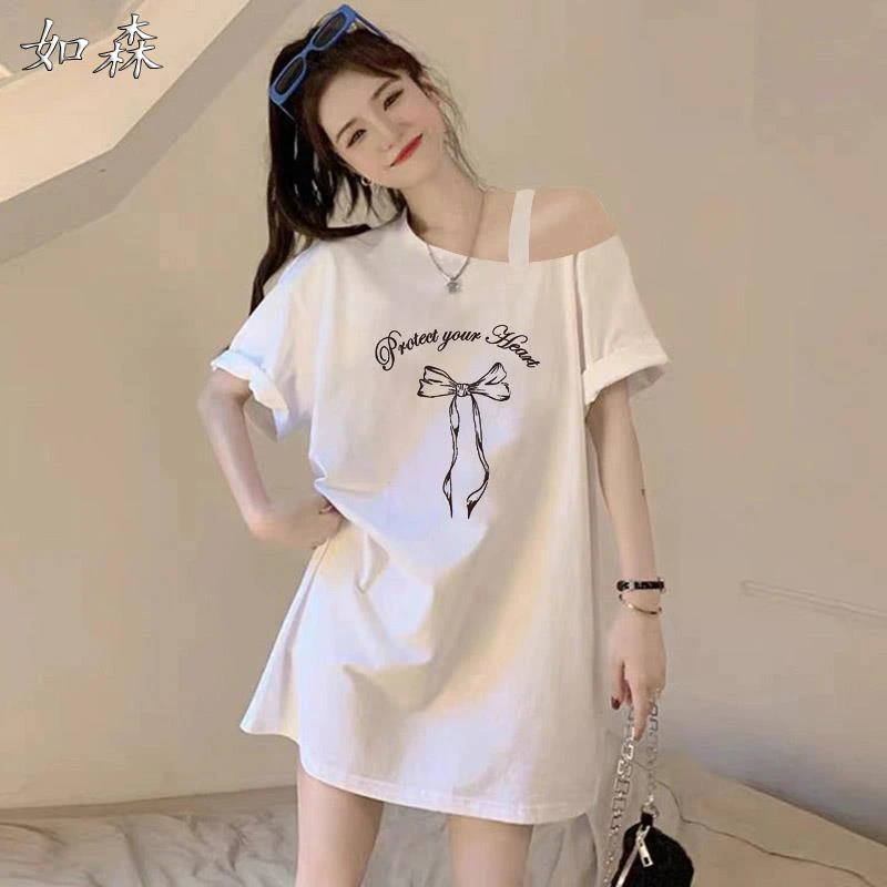 斜肩短袖t恤女设计感小众夏季2025新款中长款露肩上衣蝴蝶结体恤