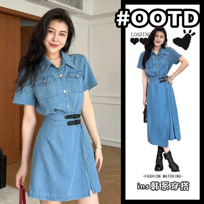 港风复古Polo领假两件牛仔连衣裙女2025夏季收腰显瘦气质a字短裙