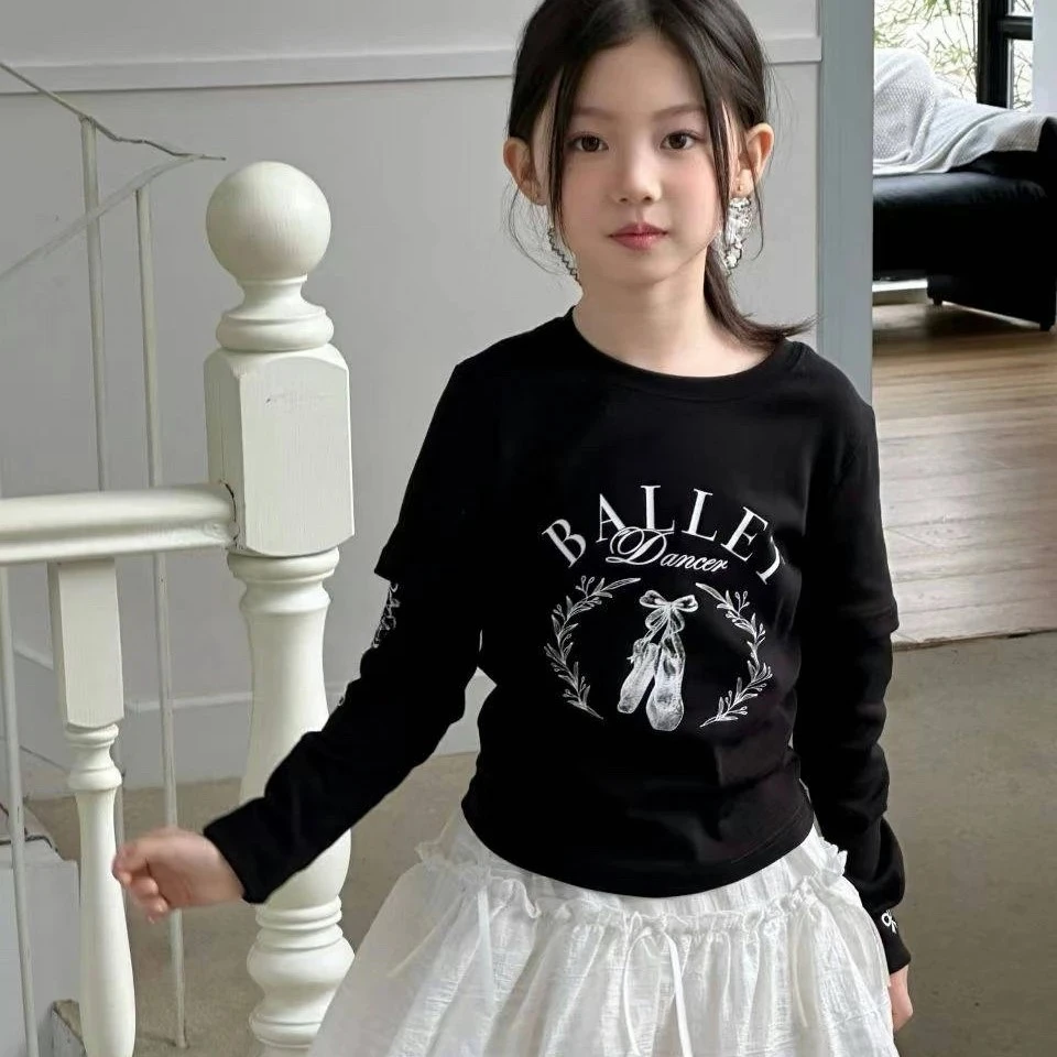 女童春秋款打底衫儿童洋气时髦T恤假两件上衣2025新款