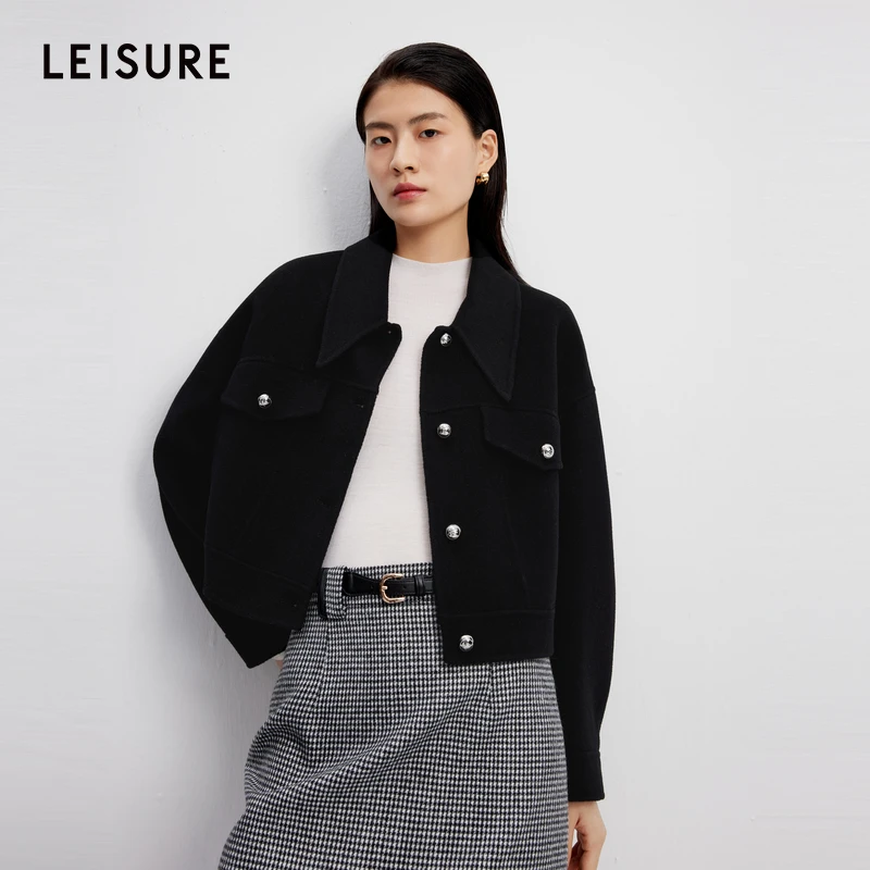 籽言专属LEISURE/三彩·丽雪小尖领型截断大衣0913