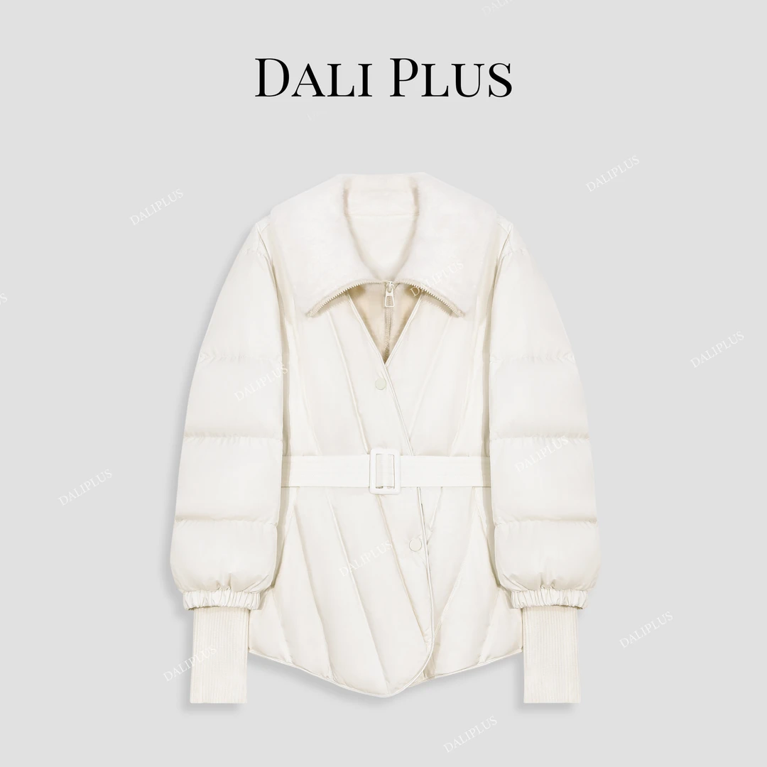 DALI PLUS假两件V领系带百搭收腰设计感保暖羽绒服-D4CH0343