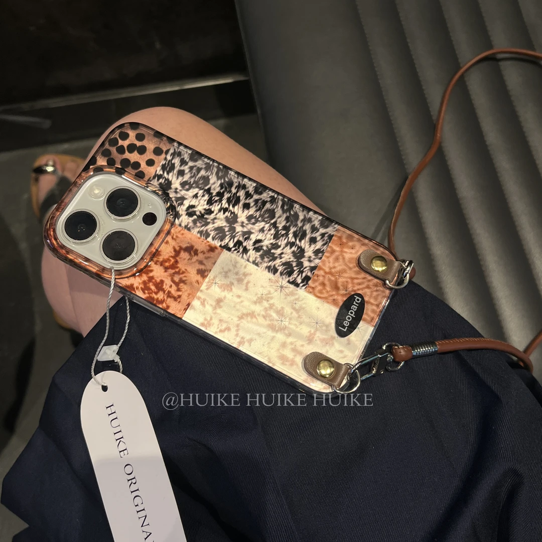 ins美拉德豹纹适用17苹果16手机壳iphone15/14/13promax手提斜背