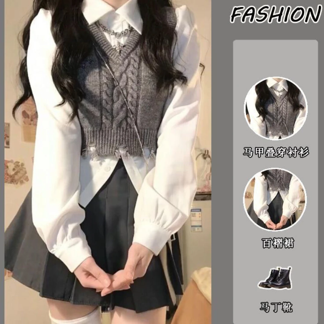 三件套装春秋新款日系学院风短款马甲背心女衬衫上衣百褶短裙