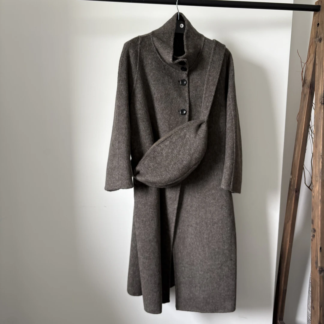 芙澜绘秋冬女常规长款毛呢毛呢外套双面羊毛呢针织女立领包袖外套