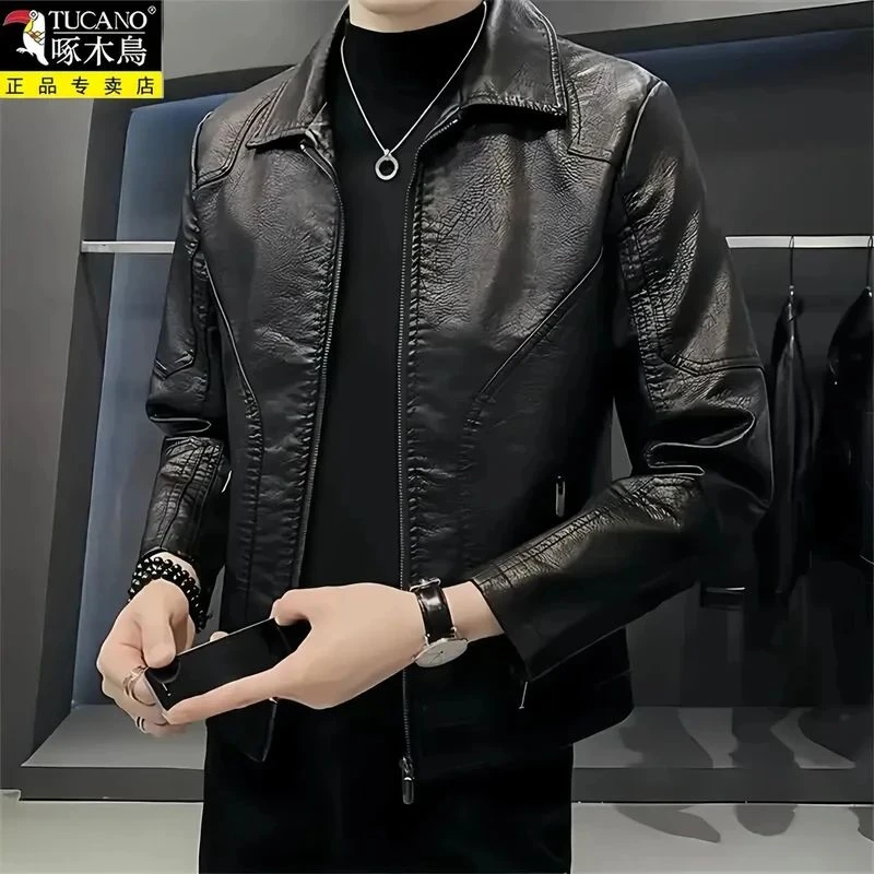 啄木鳥海宁皮衣男士秋冬季机车皮夹克时尚潮流痞帅外套潮牌上衣男