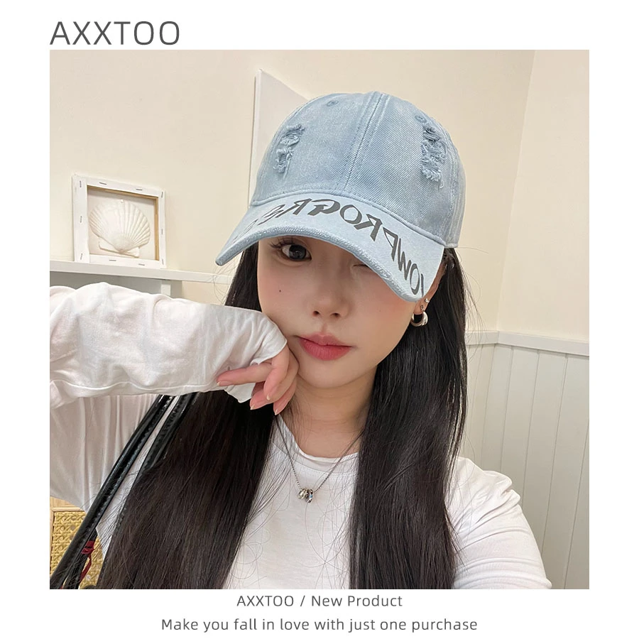 2025年新款韩版休闲百搭字母破洞棒球帽女学生大头围显脸小鸭舌帽