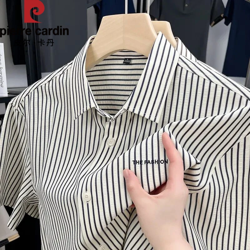 皮尔卡丹短袖衬衫韩版黑白竖条纹夏季新款商务半袖百搭潮流衬衣男