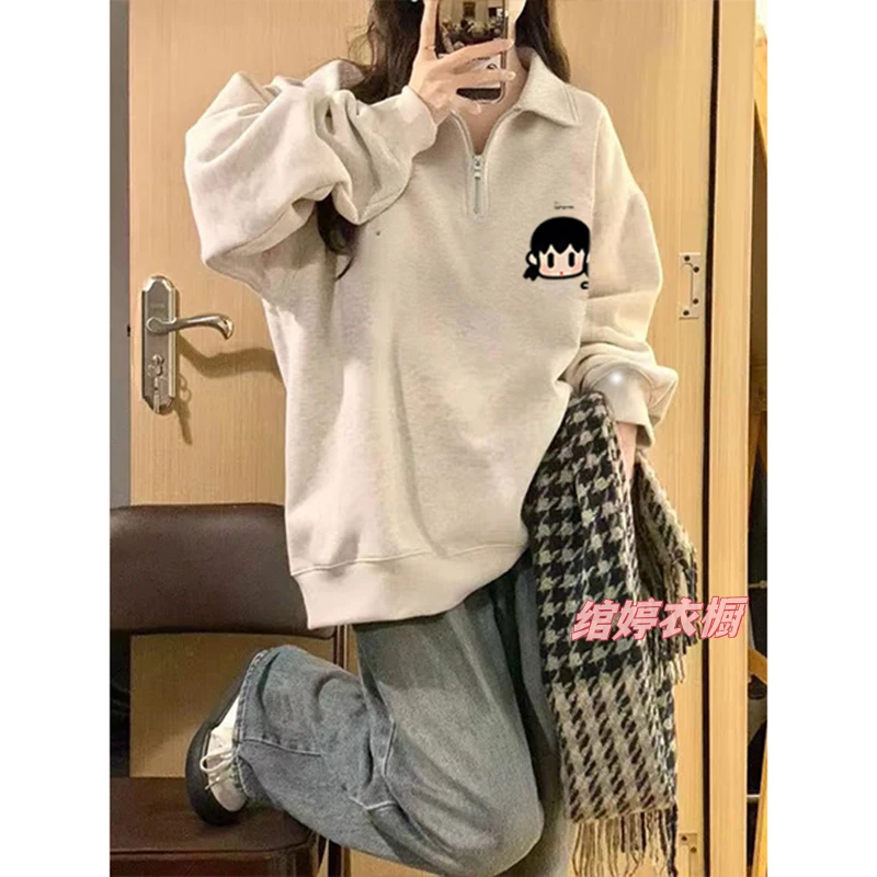 原创设计2025年秋冬新款polo领半拉链卫衣女装宽松百搭学院风上衣