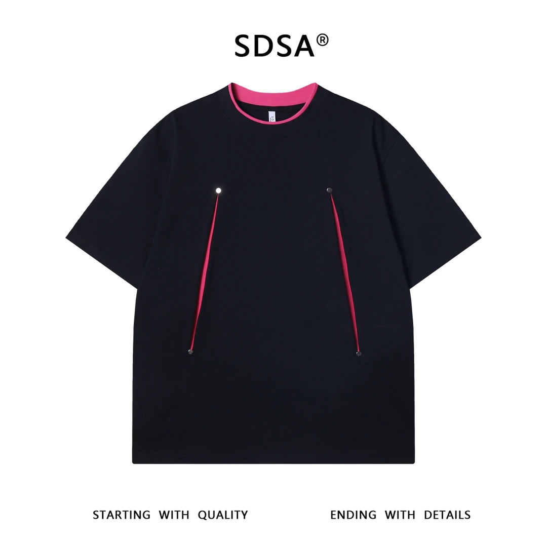 夏季高级感新款韩系双领口铆钉撞色圆领短袖T恤简约舒适套头上衣