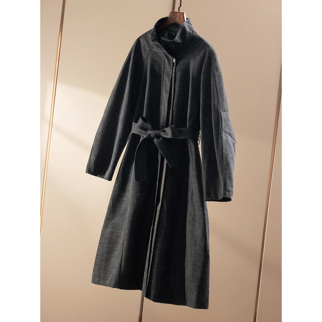 春天家 級简廓形 法G复古含天丝立领系带收腰牛仔风衣外套女6Y32