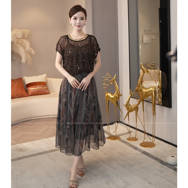 2025夏季【H-512】高级度假风装深棕色印花亮片吊带裙上衣两件套女