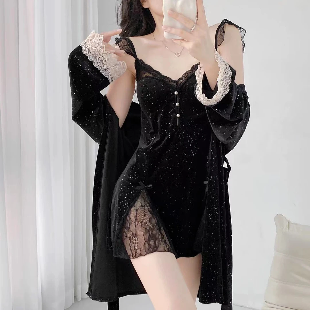 金丝绒睡裙2023秋冬款蕾丝睡裙网红时尚性感女睡衣法式吊带小心机