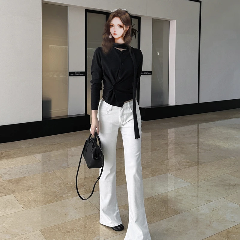 裤长110cm 加长白色微喇牛仔裤女高个子175高腰显瘦辣妹喇叭裤子