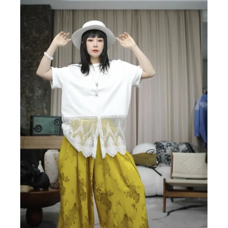 infobyfive福利夏季新款蕾丝拼接波浪下摆短袖圆领T恤NF0504065